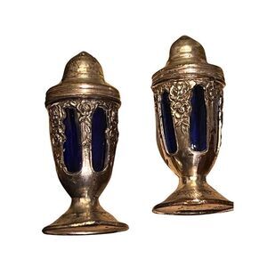 Antique Cobalt Blue & Silver Floral Pattern Salt & Pepper Shakers